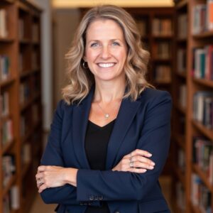 Dr. Alexandra Walker, Director ACJI, in a dark blue suit jacket, in front of bookshelves